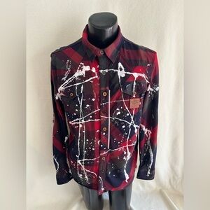 American Heritage Shirt Mens XL Red Plaid Paint Splatter Roll Tab Long Sleeve